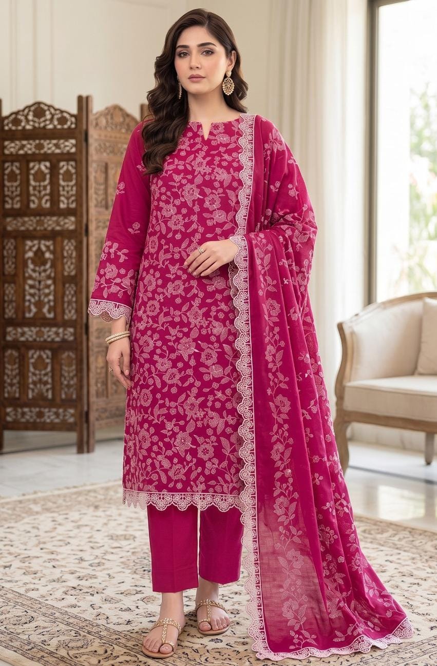 Bareeze article 2256. Bright pink with all-over floral motifs and contrasting borders.