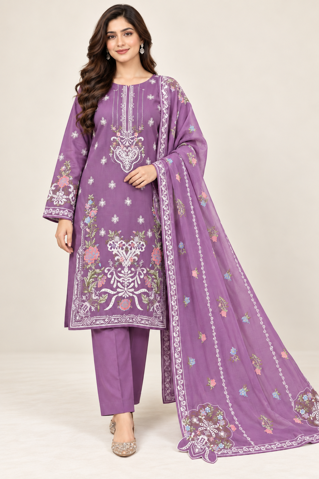 MUSHQ 6007 Dhanak Mauve Purple Floral Embroidered 3-Piece Unstitched Suit