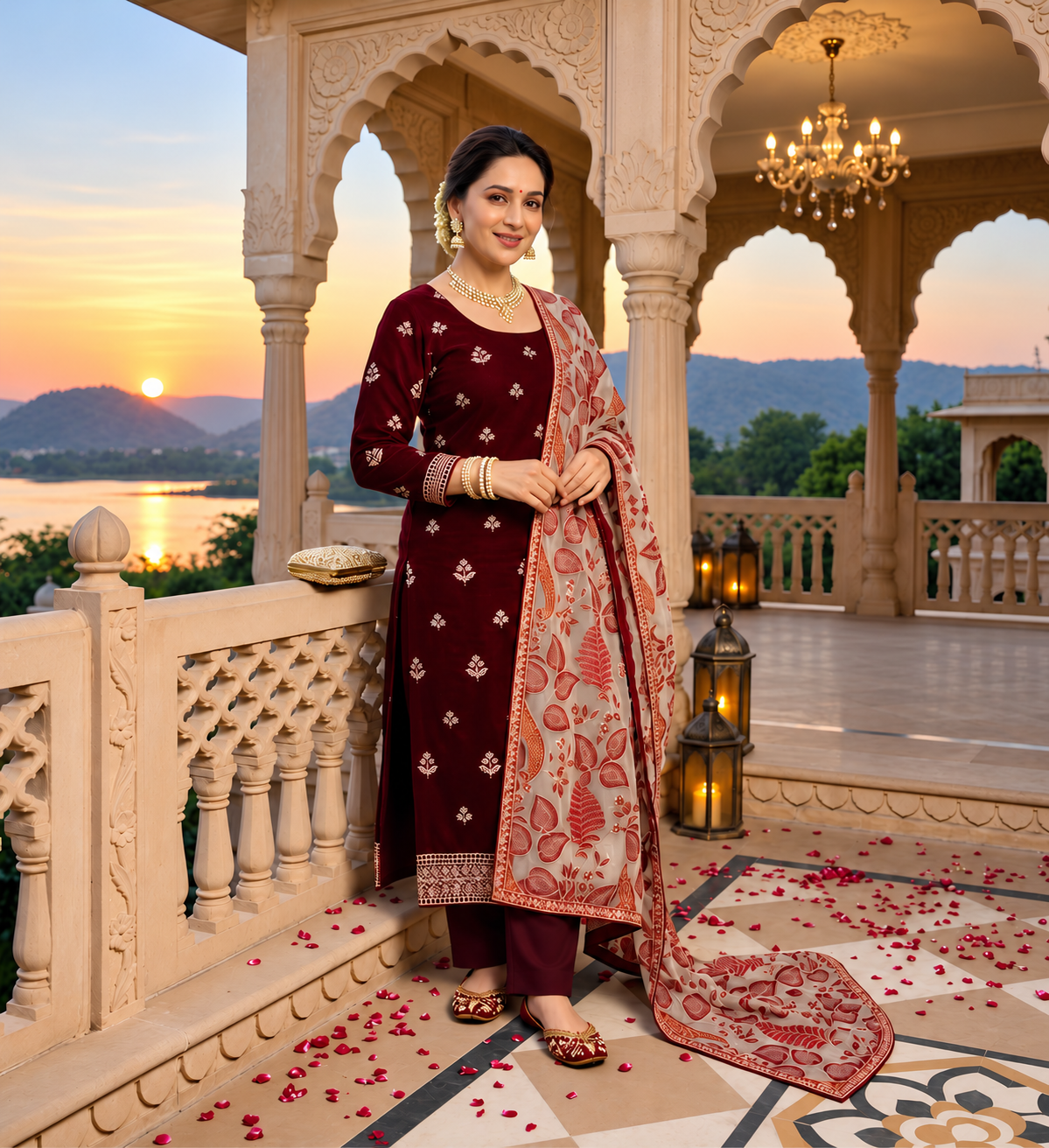 MADHURI 101 Velvet Suit with Laser Cutwork Embroidered Shawl