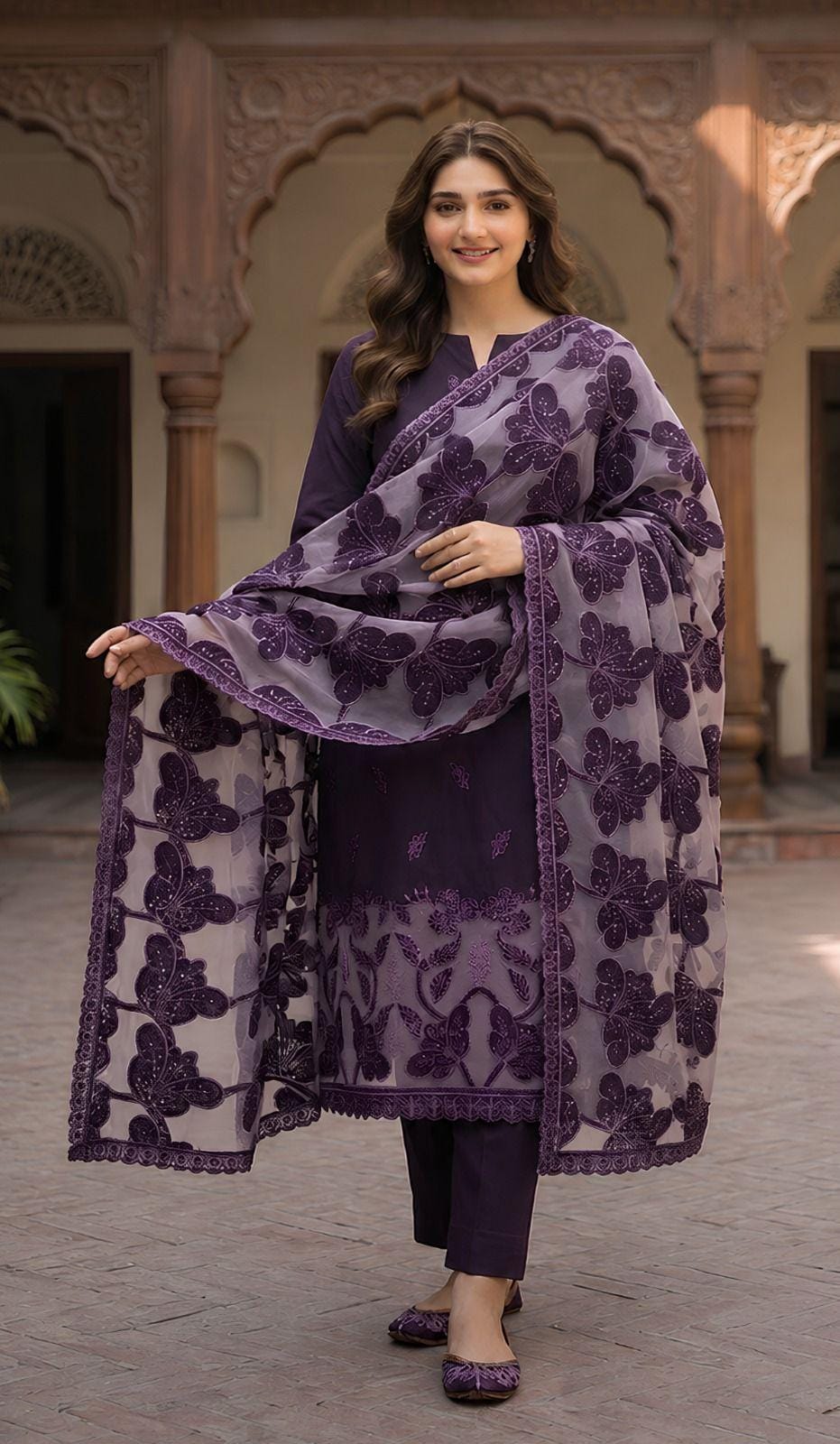 Bareeze 509 deep purple embroidered Karandi suit - model shot