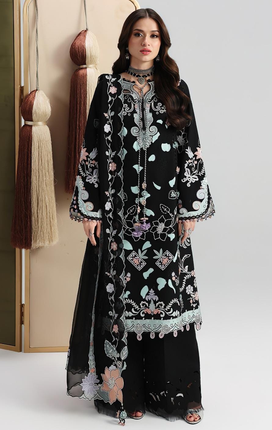 Qalamkar article 2220. Black with pastel floral motifs and contrasting borders.