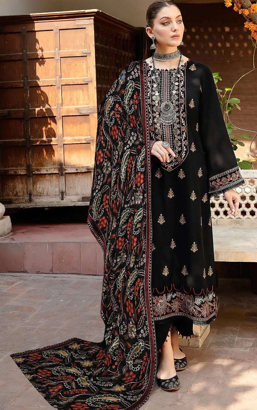 Ramsha article 2239. Black with multicoloured motifs and an intricately patterned dupatta.