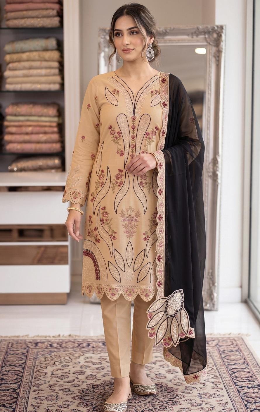 Hussain Rehar article 2241. Warm beige with floral detailing and a contrasting black dupatta.