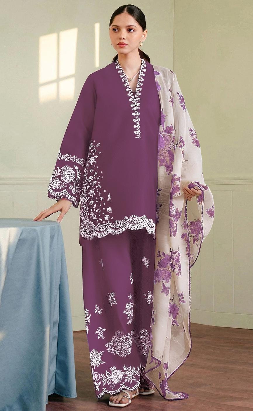 Coco by Zara Shahjahan article 2251. Plum with white floral motifs and a contrasting light floral dupatta.
