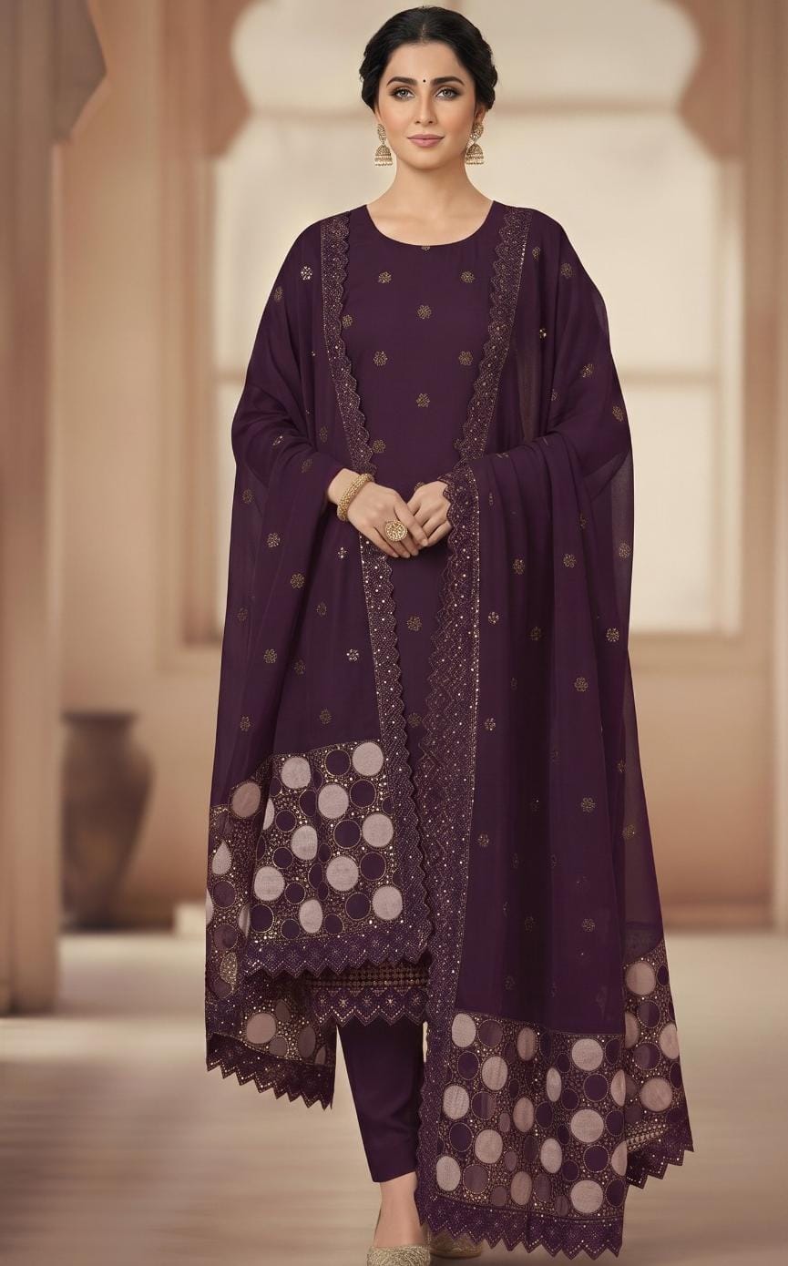 Asim Jofa article 2254. Deep plum with small motifs and prominent circular border detailing.