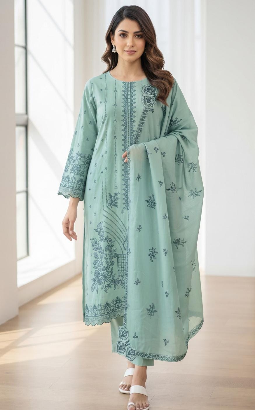 Maria B article 2255. Soft mint with contrasting botanical motifs and a coordinating dupatta.