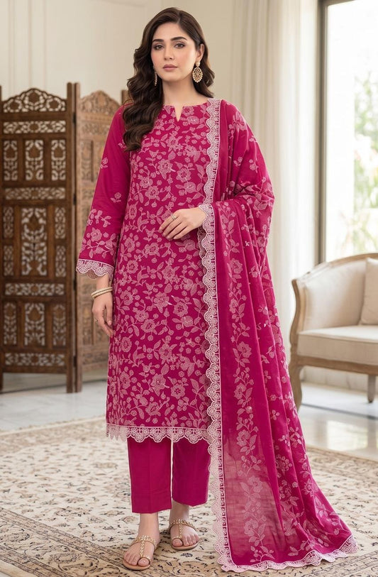 Bareeze article 2256. Bright pink with all-over floral motifs and contrasting borders.