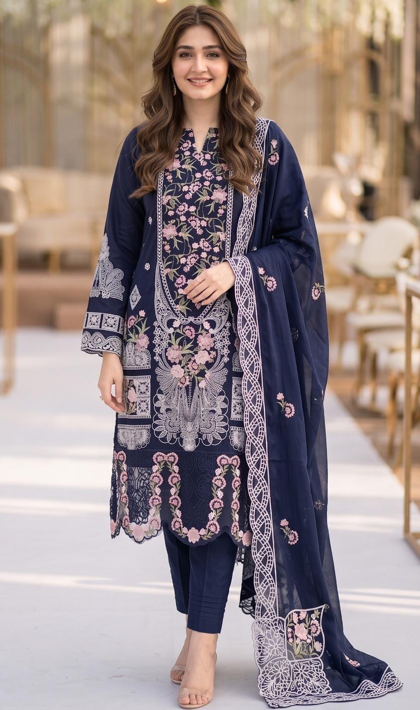 Aneelas article 2258. Navy with pink floral motifs and intricate contrasting border details.