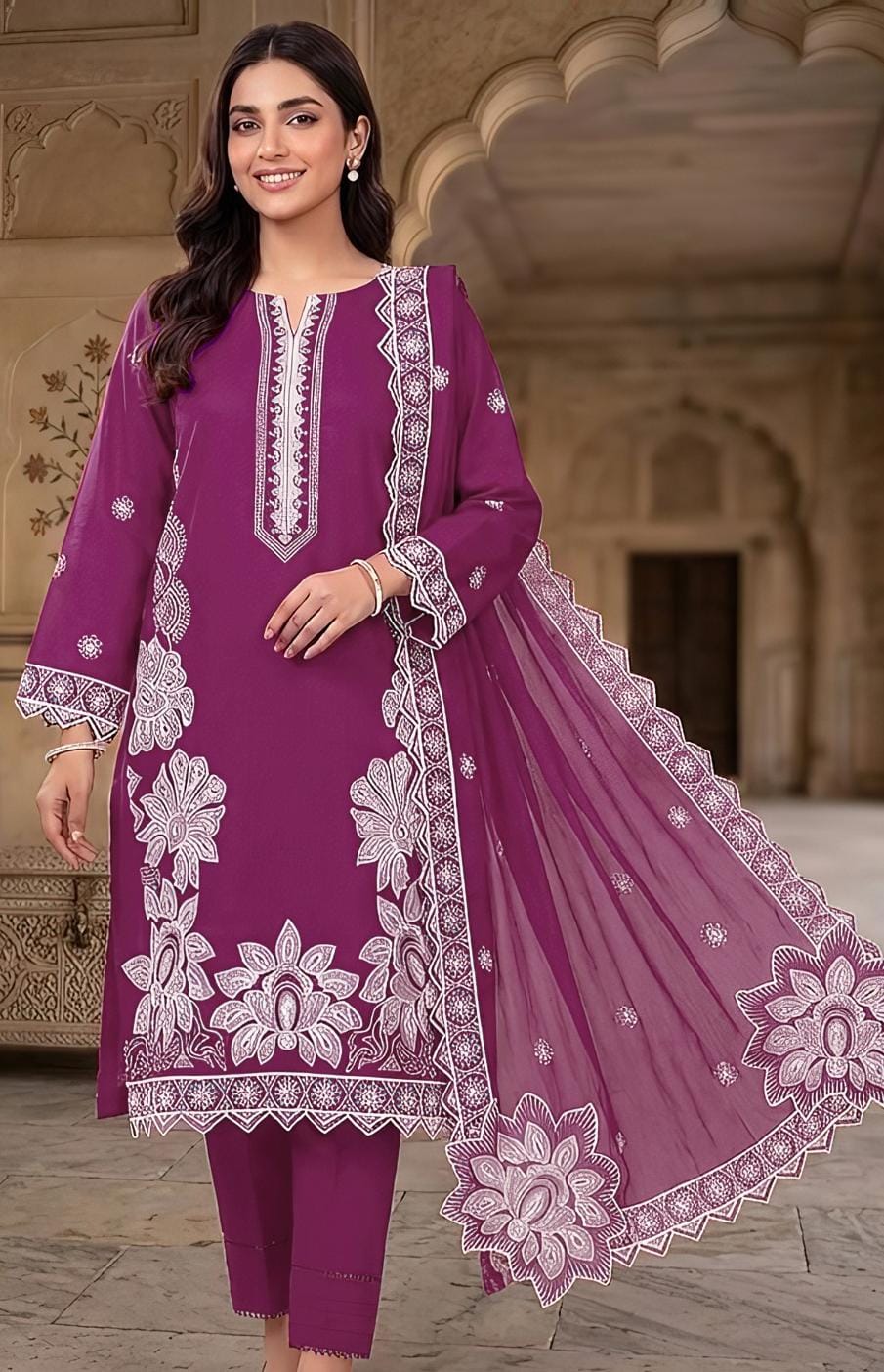 Nakoosh article 2216. Purple with contrasting white motifs and patterned borders.