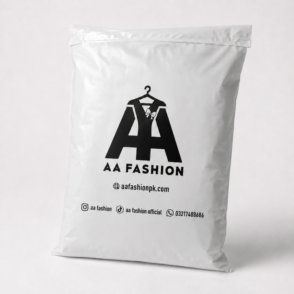 AA Fashion white branded parcel packaging with black logo