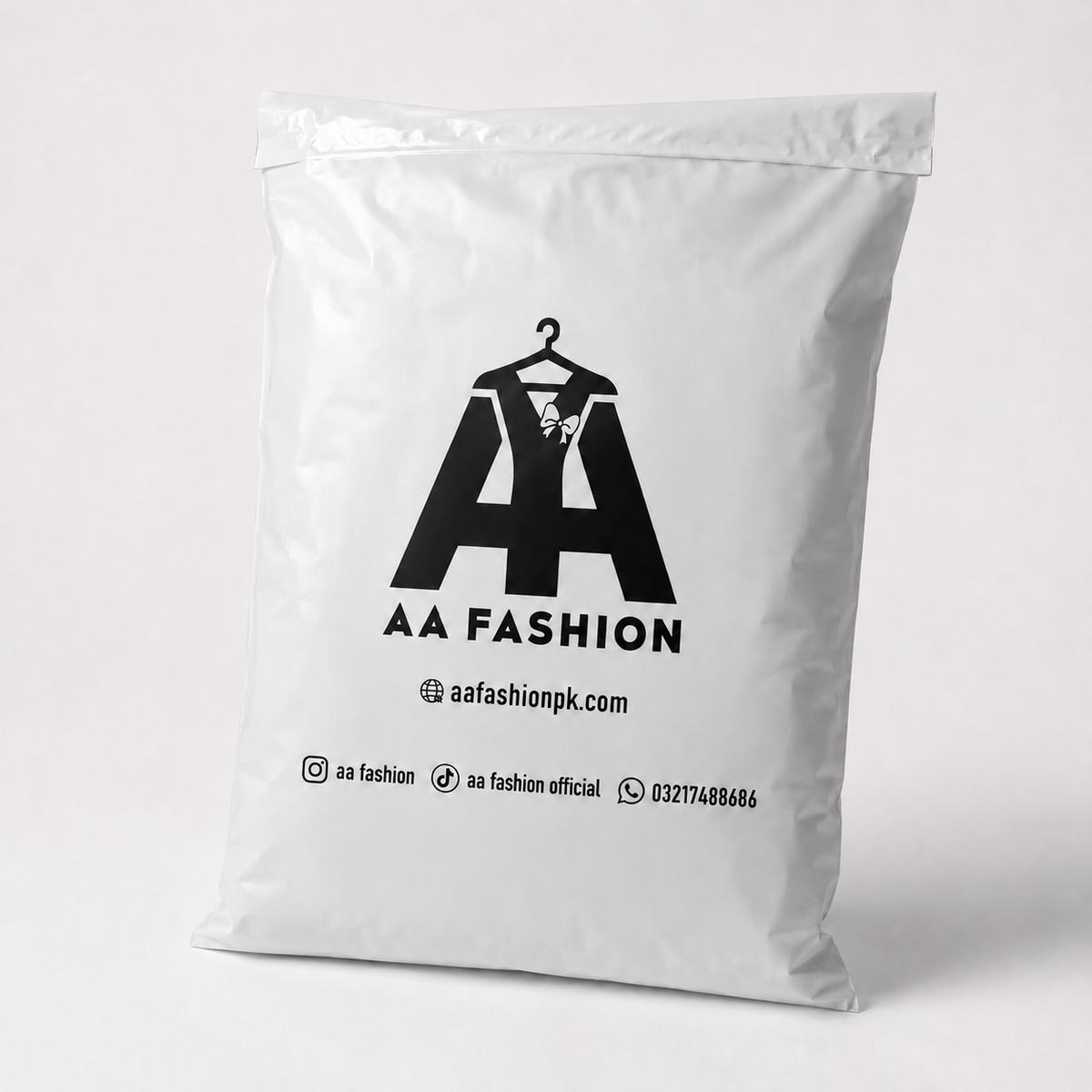 AA Fashion white branded parcel packaging without address